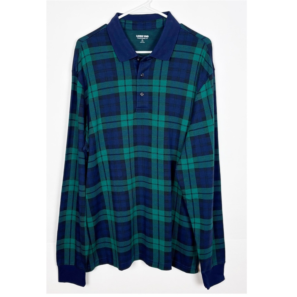 Lands End Traditional Fit Polo Shirt Men’s Size XL Long Sleeve Plaid Green Blue